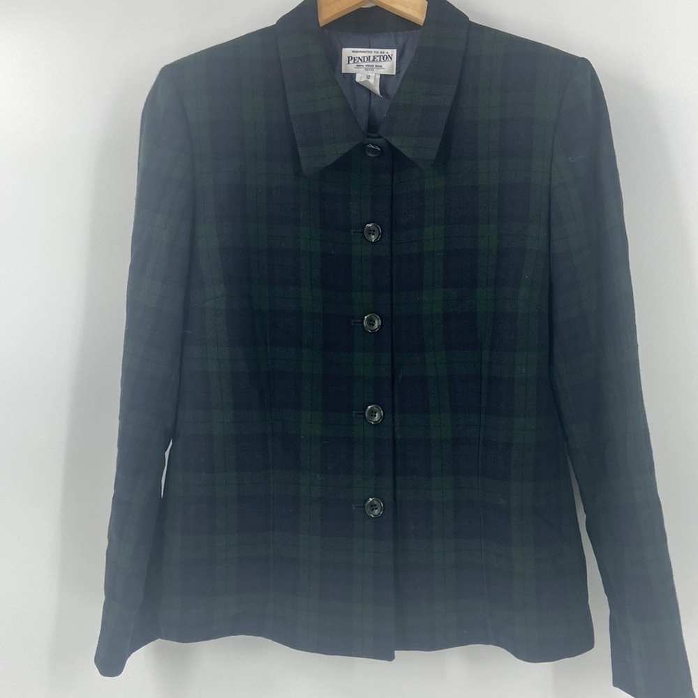 Pendleton Virgin Wool academia preppy navy blue and green career plaid blazer